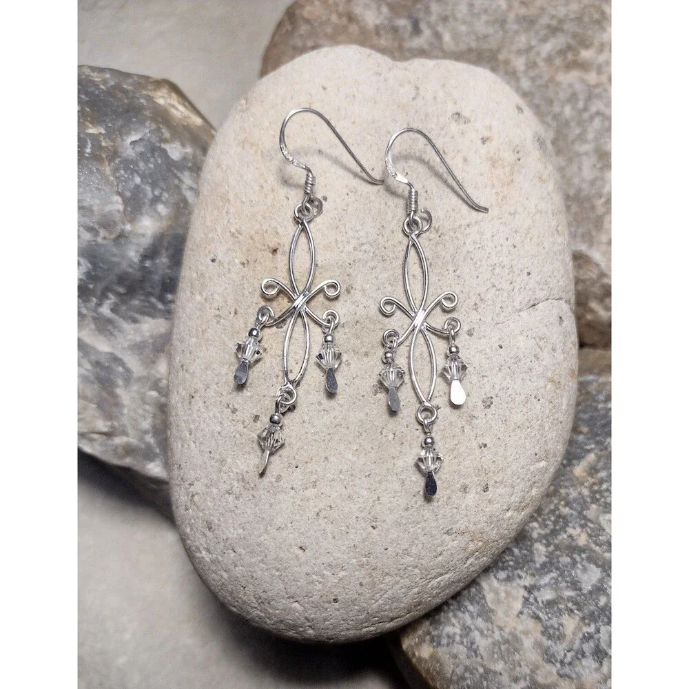.925 Sterling Silver Crystal  Scroll Dangle Earrings